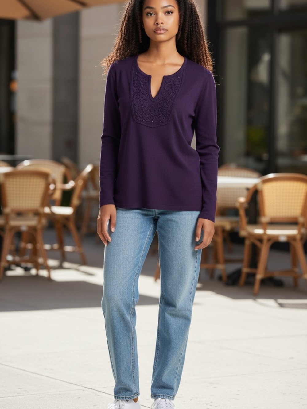 Valenti Women’s Long-Sleeve Purple Embroidered Split-Neck Top Size Large